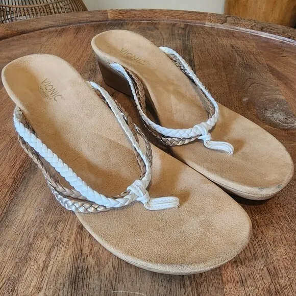 Vionic Natural Ramba Tri-Color Braided Wedge Sandals w/ Orthaheel Womens 11
