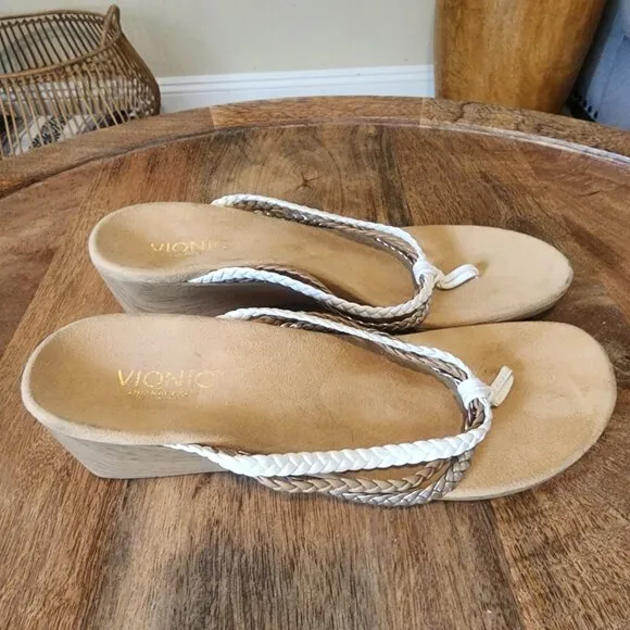 Vionic Natural Ramba Tri-Color Braided Wedge Sandals w/ Orthaheel Womens 11