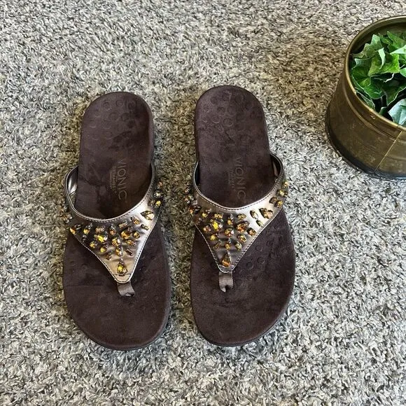 Vionic Pearl Brown arch orthotics Thong Flip Flop Sandals Sz 10 Embellished New