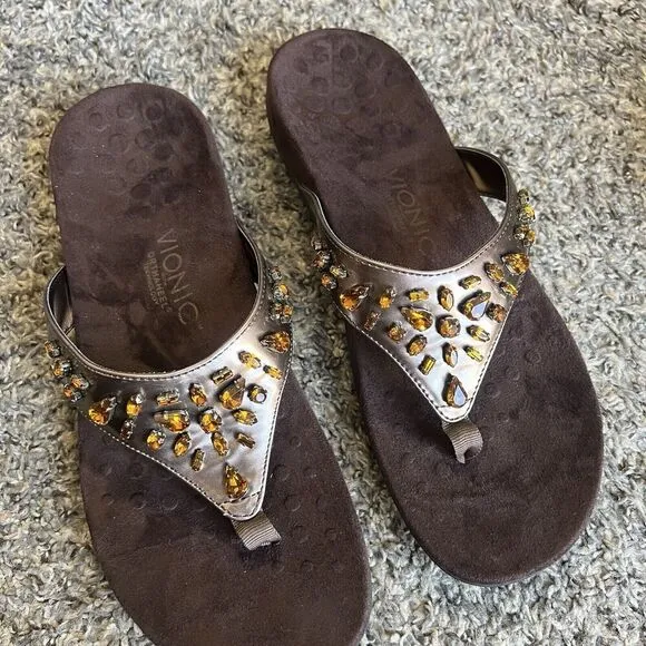Vionic Pearl Brown arch orthotics Thong Flip Flop Sandals Sz 10 Embellished New