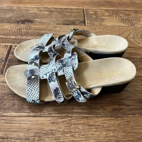 Vionic Radia Orthotic Adjustable Triple Strap Slide Wedge Sandals Size 8