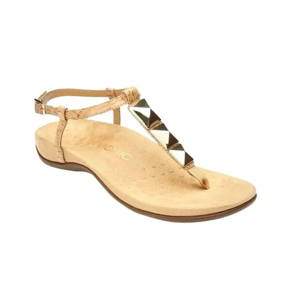 Vionic Rest Nala T-Strap Geometric Studded Gold/Cork Arch Support Thong Sandals