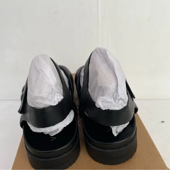 Vionic Rosa Black Leather Strapy Platform Sandals NWT
