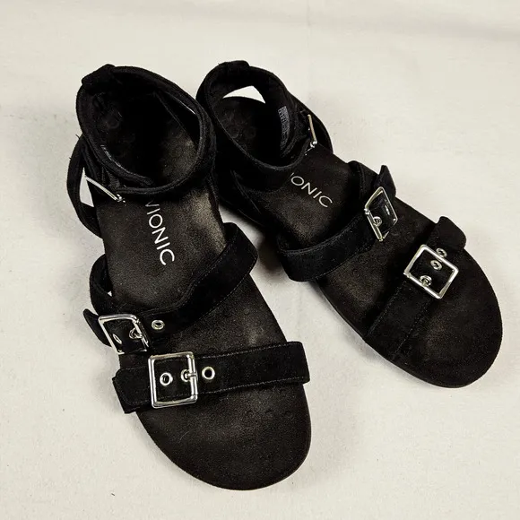 Vionic Sahara Gladiator Sandals Buckle Black Size 8 Suede Leather Ankle Strap