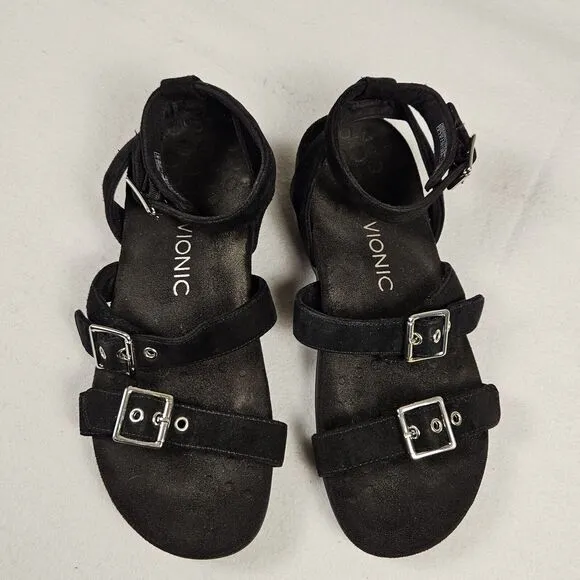 Vionic Sahara Gladiator Sandals Buckle Black Size 8 Suede Leather Ankle Strap