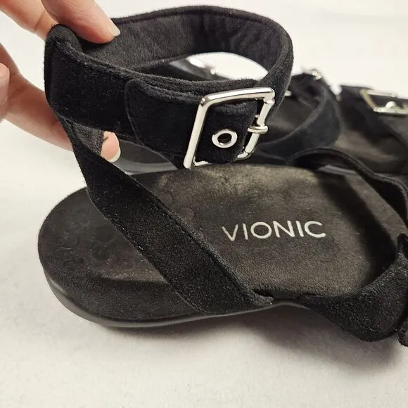 Vionic Sahara Gladiator Sandals Buckle Black Size 8 Suede Leather Ankle Strap