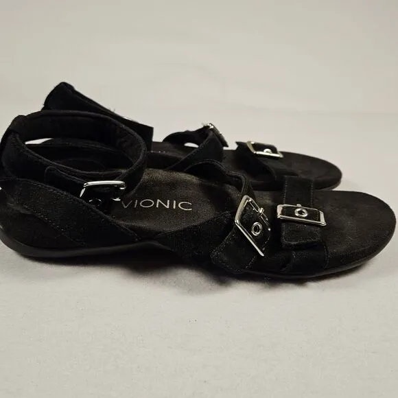 Vionic Sahara Gladiator Sandals Buckle Black Size 8 Suede Leather Ankle Strap