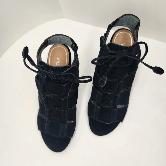 Vionic shooties women's 9 black suede Bristol sandals heels gladiator lace up