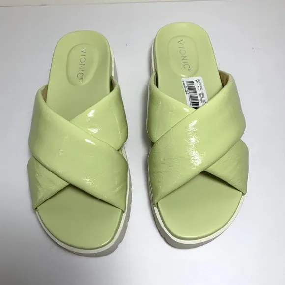 Vionic Vesta Sandals Patent Leather Crisscross Slip On Platform Pale Lime Size 9