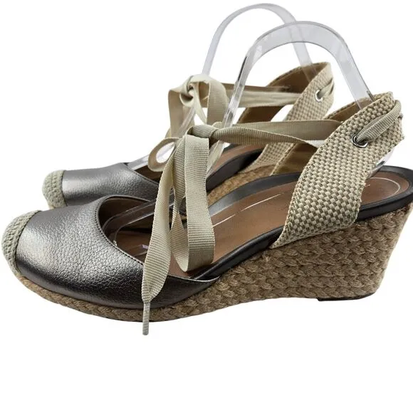 Vionic Wedge Sandals Womens 10 Aruba Maris Espadrille Silver Leather Ankle Wrap