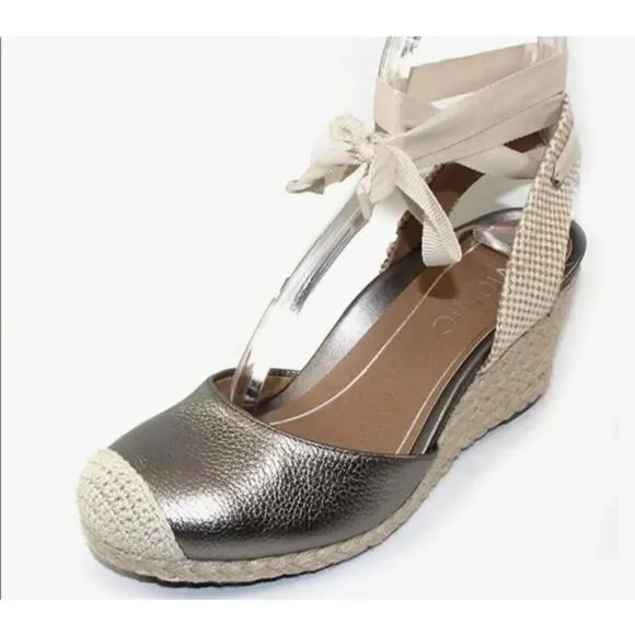 Vionic Wedge Sandals Womens 10 Aruba Maris Espadrille Silver Leather Ankle Wrap