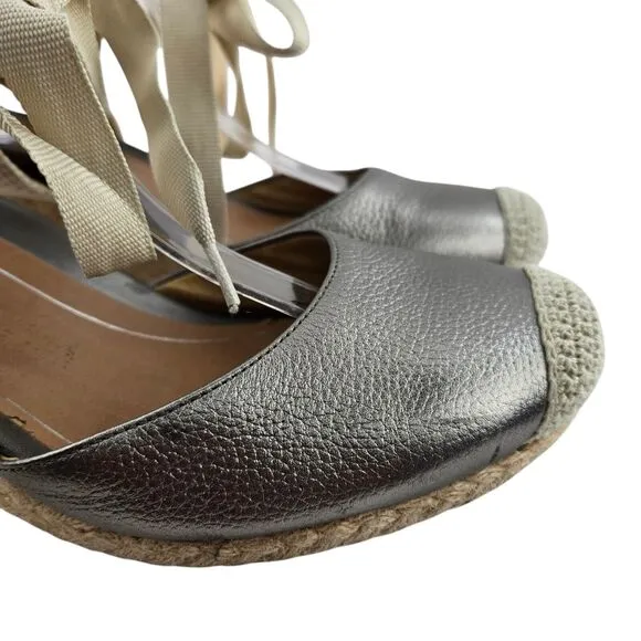 Vionic Wedge Sandals Womens 10 Aruba Maris Espadrille Silver Leather Ankle Wrap
