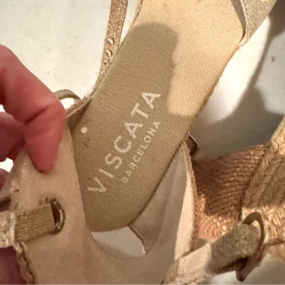 Viscata Pubol Espadrille Ankle Strap Metallic Canvas Wedge Beige Size 41/10