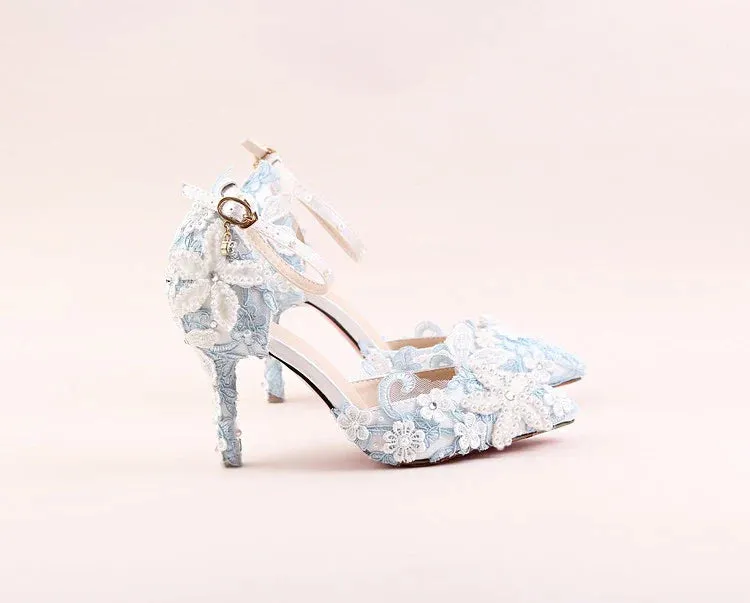 VougeVamp Blue Lace Flower Wedding Sandals for Women - Elegant Pointed Toe Stiletto High Heel Ankle Strap Pearl Rhinestone Pumps