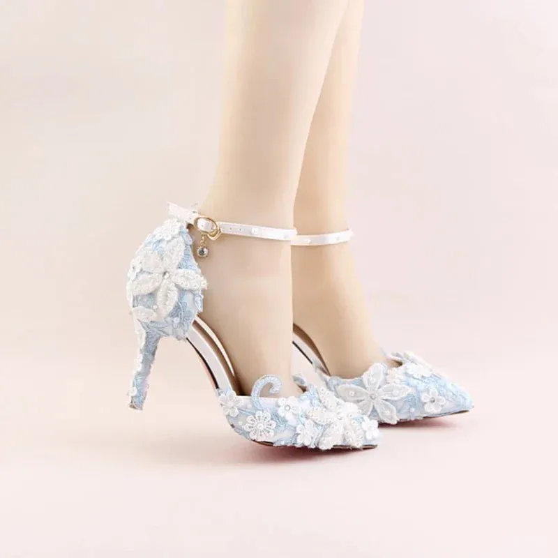 VougeVamp Blue Lace Flower Wedding Sandals for Women - Elegant Pointed Toe Stiletto High Heel Ankle Strap Pearl Rhinestone Pumps