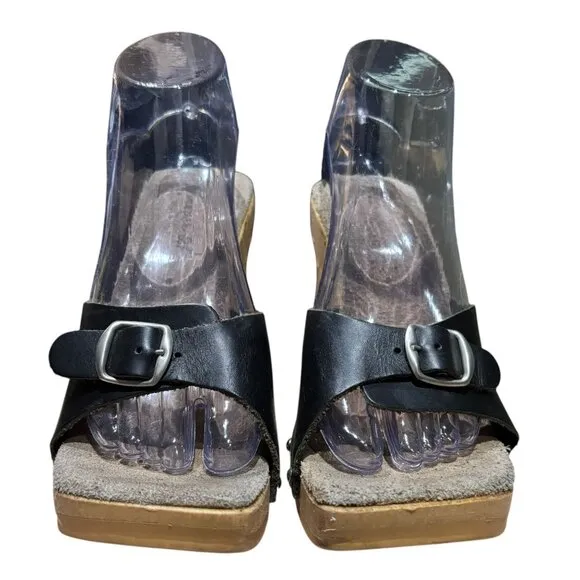 VTG 90s Y2K Faux Leather Square Toe Platform Mule Sandal 39 8 Flare Heel Italy