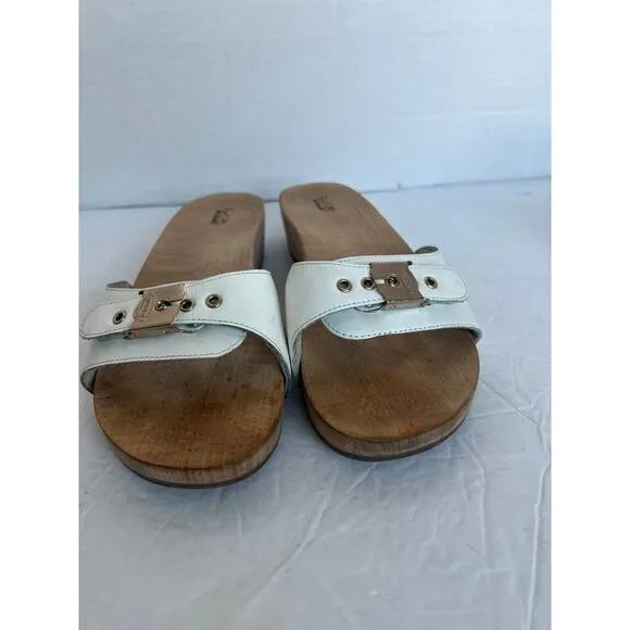 Vtg Dr. Scholl's Original Collection White Leather Slip-On Block Heel Sandals 9M