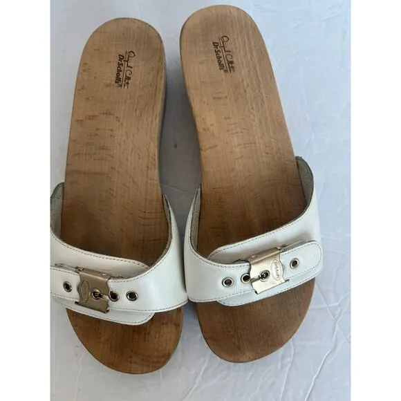 Vtg Dr. Scholl's Original Collection White Leather Slip-On Block Heel Sandals 9M