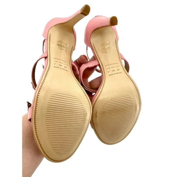 Werner Pink Bow Strappy Sandals Stiletto Heels Pink Leather SZ 38 EU  7 US NIB