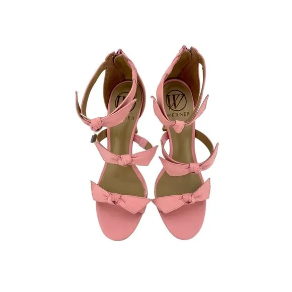Werner Pink Bow Strappy Sandals Stiletto Heels Pink Leather SZ 38 EU  7 US NIB