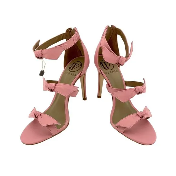 Werner Pink Bow Strappy Sandals Stiletto Heels Pink Leather SZ 38 EU  7 US NIB