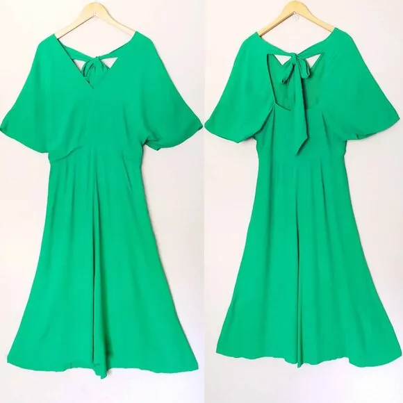 Whistles Kelly Green Zelena Midi Dress 10 Crepe Flutter Sleeves Bow Back $320