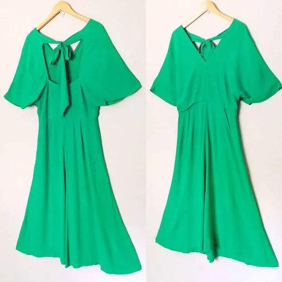 Whistles Kelly Green Zelena Midi Dress 10 Crepe Flutter Sleeves Bow Back $320
