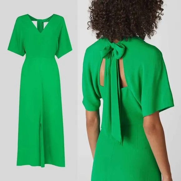 Whistles Kelly Green Zelena Midi Dress 10 Crepe Flutter Sleeves Bow Back $320