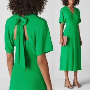 Whistles Kelly Green Zelena Midi Dress 10 Crepe Flutter Sleeves Bow Back $320