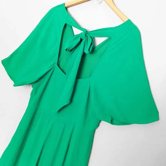 Whistles Kelly Green Zelena Midi Dress 10 Crepe Flutter Sleeves Bow Back $320