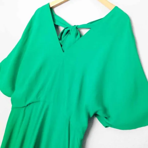 Whistles Kelly Green Zelena Midi Dress 10 Crepe Flutter Sleeves Bow Back $320