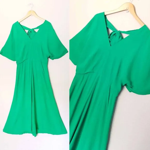 Whistles Kelly Green Zelena Midi Dress 10 Crepe Flutter Sleeves Bow Back $320