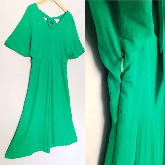 Whistles Kelly Green Zelena Midi Dress 10 Crepe Flutter Sleeves Bow Back $320