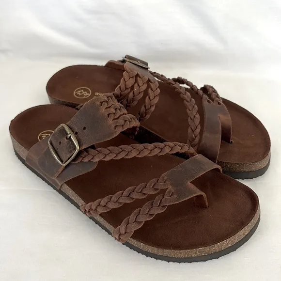 White Mountain Brown Leather Hayleigh Sandals Slip On Boho Braided Women’s 8