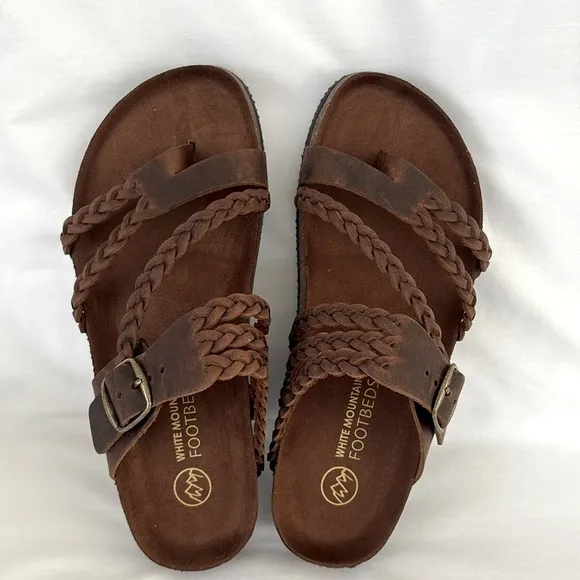 White Mountain Brown Leather Hayleigh Sandals Slip On Boho Braided Women’s 8