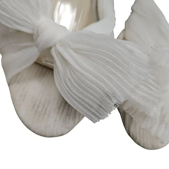 White Strappy High Block Round Heel Sandals Gauzy Bow Chunky Heel Cottage Girly