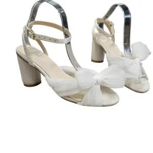 White Strappy High Block Round Heel Sandals Gauzy Bow Chunky Heel Cottage Girly