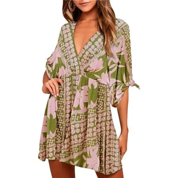 𝅺women Backless Floral Flowy Swing Mini Dress, oliver Green