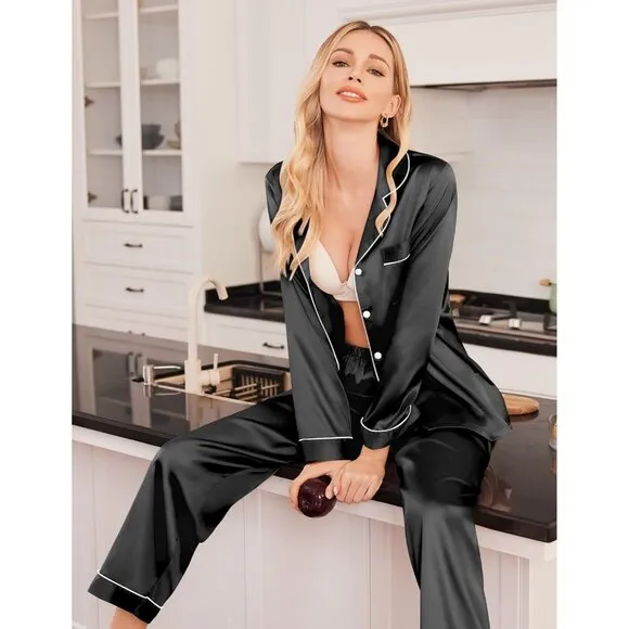 Women Black Satin Pajamas Set Classic Button Down Long Pjs Set