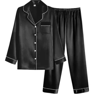 Women Black Satin Pajamas Set Classic Button Down Long Pjs Set