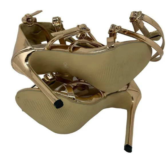 Women Multi Buckle Knee High Gold Heel Gladiator Sandals EU 36/US 6