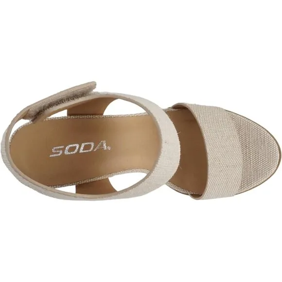 Women Open Round Toe Chunky Ankle Strap High Heel Dress Canvas Beige Sandals