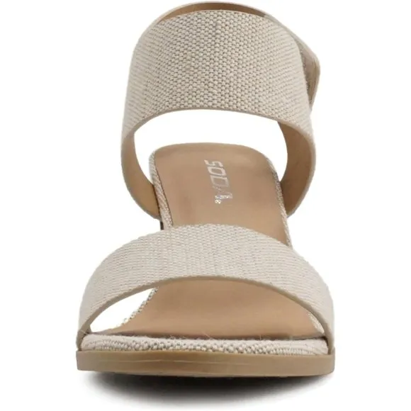 Women Open Round Toe Chunky Ankle Strap High Heel Dress Canvas Beige Sandals