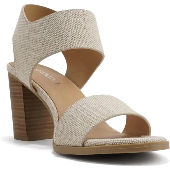 Women Open Round Toe Chunky Ankle Strap High Heel Dress Canvas Beige Sandals