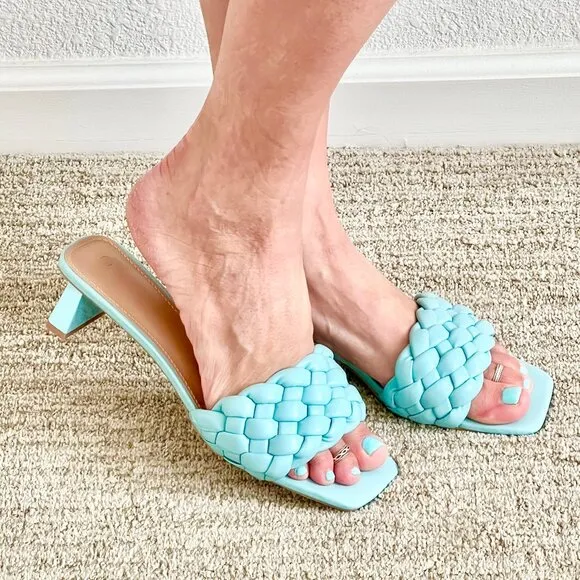 Women's 8.5 (US) Light Blue Braided Vegan Leather Open Square Toe Slide Sandals