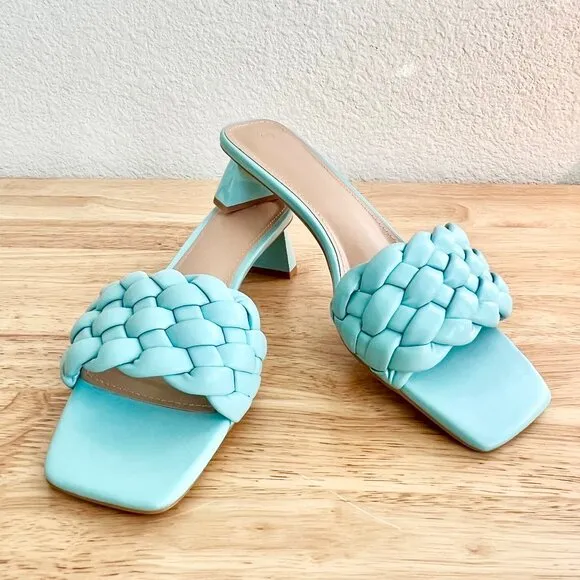 Women's 8.5 (US) Light Blue Braided Vegan Leather Open Square Toe Slide Sandals
