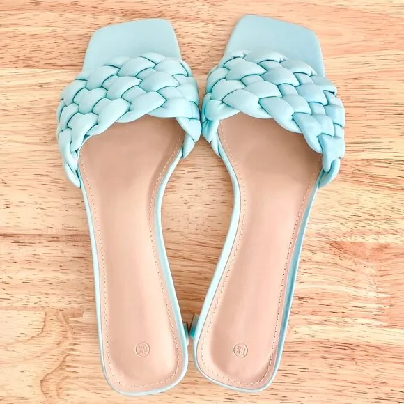 Women's 8.5 (US) Light Blue Braided Vegan Leather Open Square Toe Slide Sandals