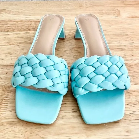 Women's 8.5 (US) Light Blue Braided Vegan Leather Open Square Toe Slide Sandals