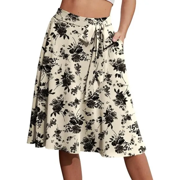 Women's A-Line Pockets Skirt High Waist Flared Midi Skirt