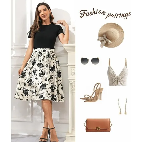 Women's A-Line Pockets Skirt High Waist Flared Midi Skirt